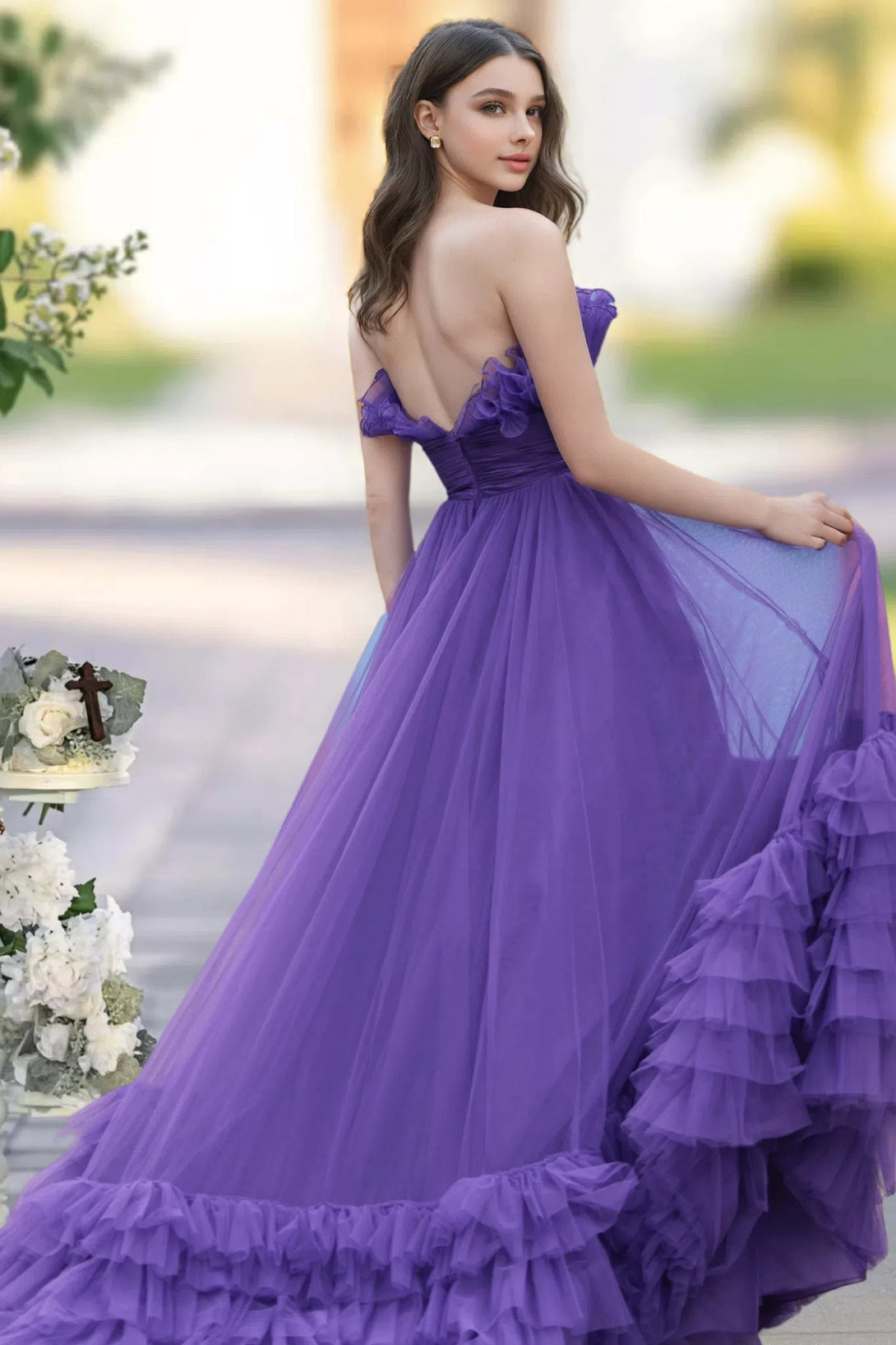 Tahiti A-line Square Neckline Strapless Corset Ruffle Long Prom Dress BabaMila