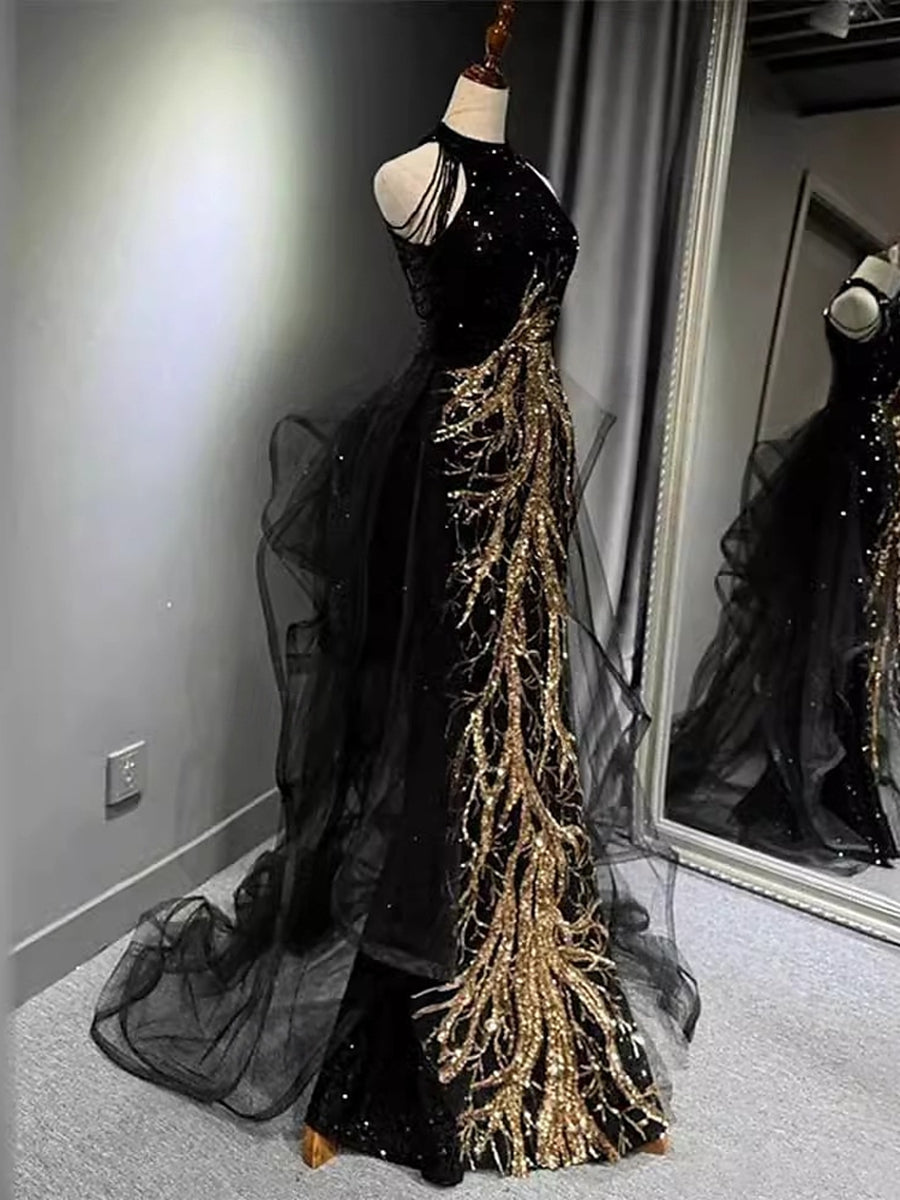 A-Line/Princess Halter Sleeveless Tulle/Sequins Black Gold Sweep Train Evening Dresses with Appliques/Beads BabaMila