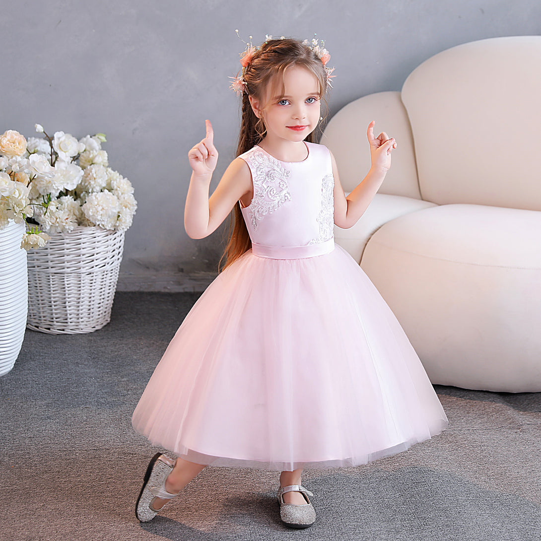 Ball Gown/Princess Scoop Neck Sleeveless Lace/Tulle/Satin Tea-Length Flower Girl Dresses/Party Dresses With Appliques/Belt Gidiondress