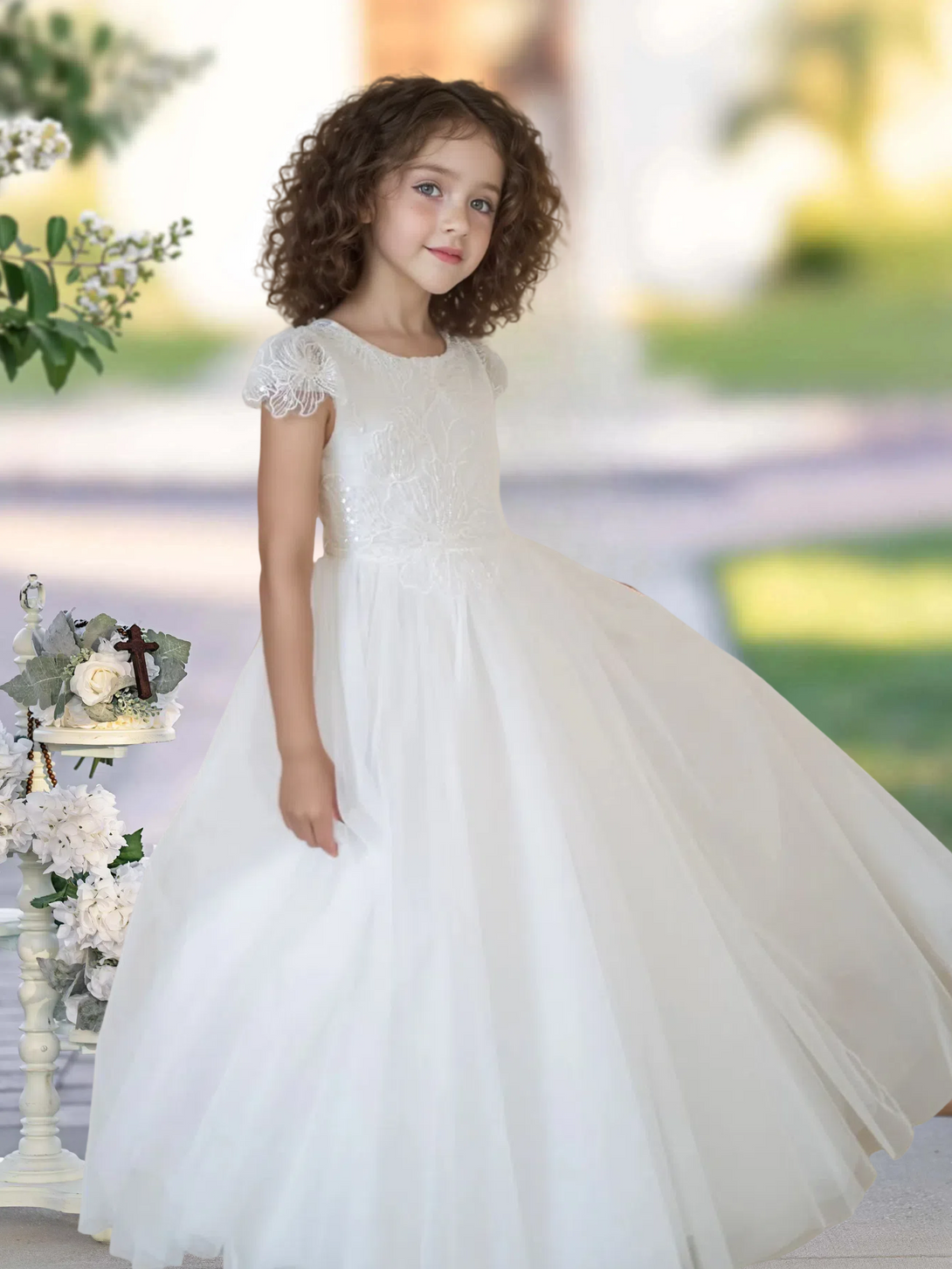 Flower Girl Dresses/Ball Gown Cap Sleeve Floor-Length Satin/Lace/Tulle First Communion Dresses Gidiondress Ivory 12M