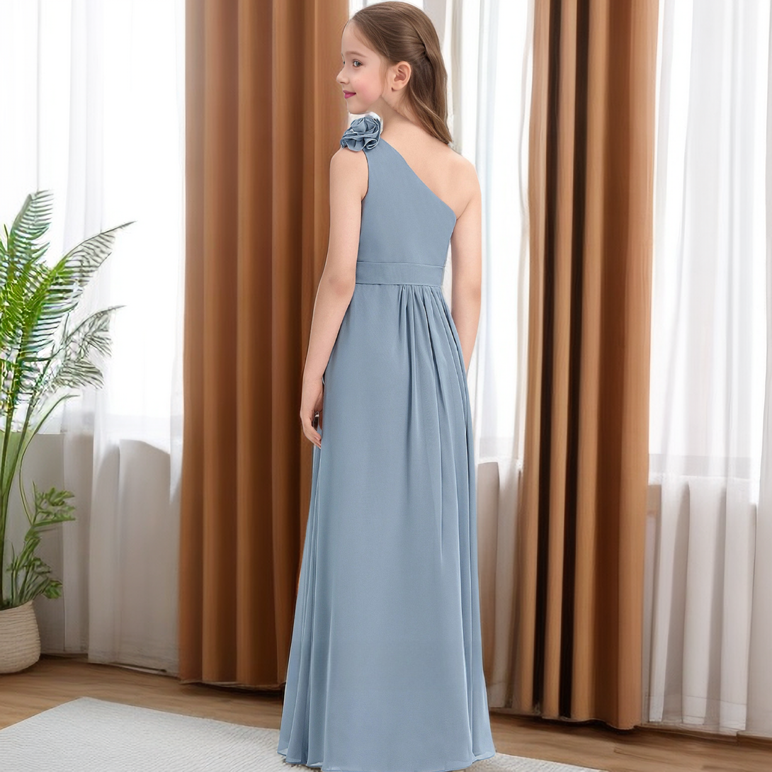 One-Shoulder Sleeveless Floor-Length Chiffon Junior Bridesmaid Dress/Girls Birthday Dresses With Pleated/Belt/3D Flower Girls Gidiondress