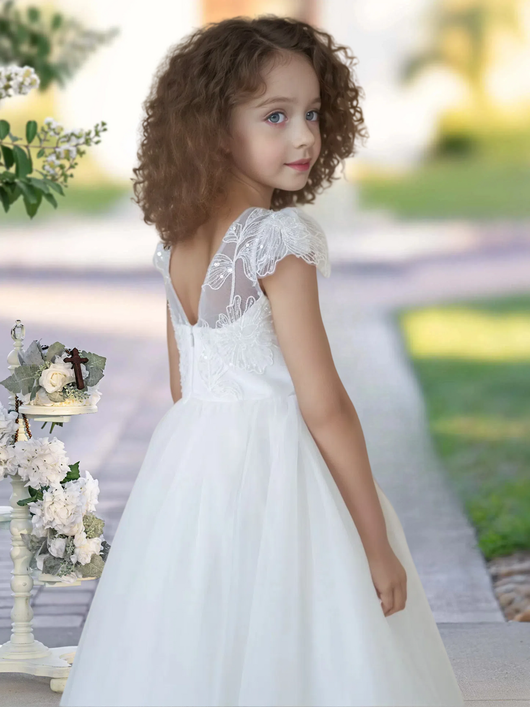 Flower Girl Dresses/Ball Gown Cap Sleeve Floor-Length Satin/Lace/Tulle First Communion Dresses Gidiondress