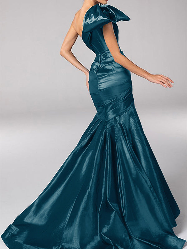 Mermaid/Trumpet One-Shoulder Sleeveless Sweep Train Satin Bow(s) Evening Dresses BabaMila