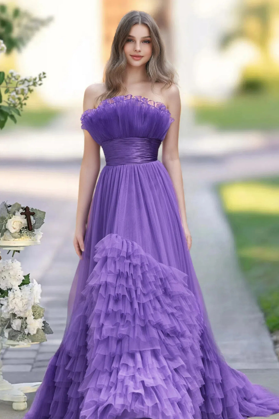Tahiti A-line Square Neckline Strapless Corset Ruffle Long Prom Dress BabaMila