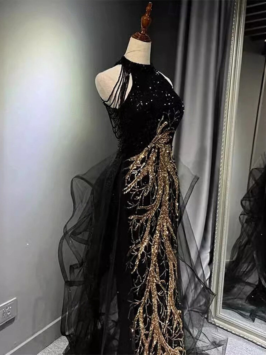 A-Line/Princess Halter Sleeveless Tulle/Sequins Black Gold Sweep Train Evening Dresses with Appliques/Beads BabaMila
