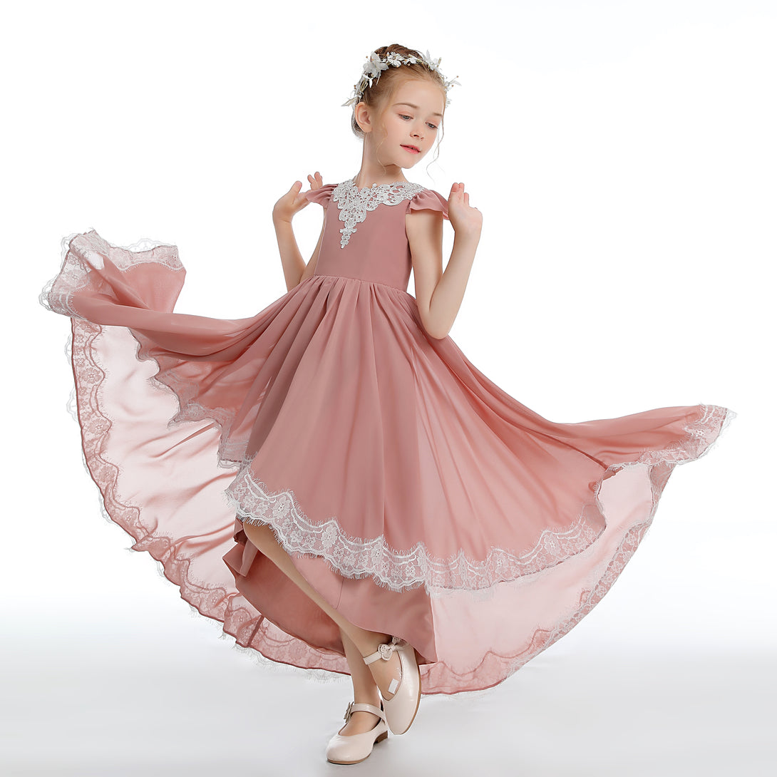 Asymmetrical Cap Sleeve Scoop Neck Cute Ankel-Length Lace/Chiffon Junior Bridesmaid Dress With Appliques Gidiondress