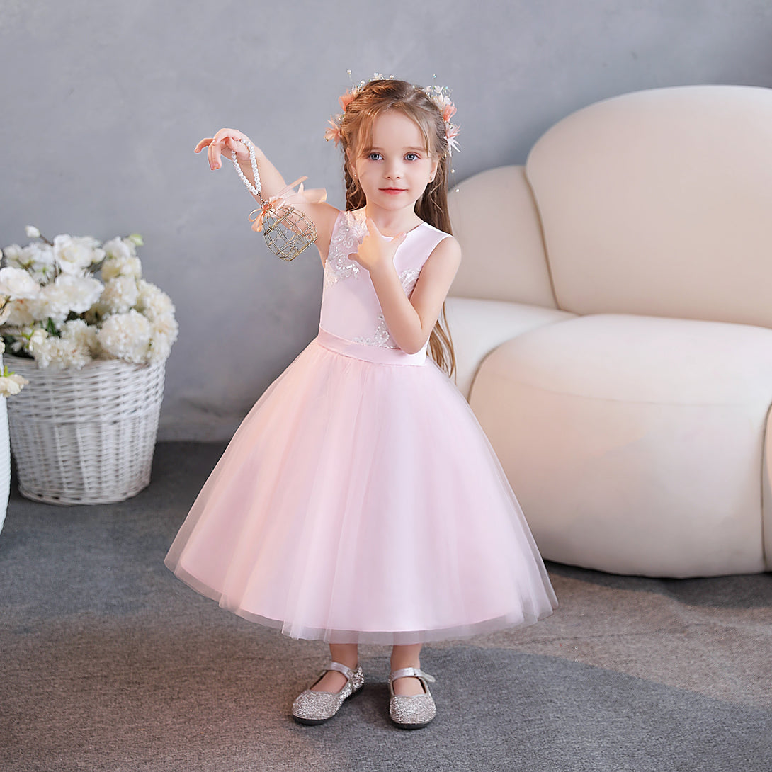 Ball Gown/Princess Scoop Neck Sleeveless Lace/Tulle/Satin Tea-Length Flower Girl Dresses/Party Dresses With Appliques/Belt Gidiondress