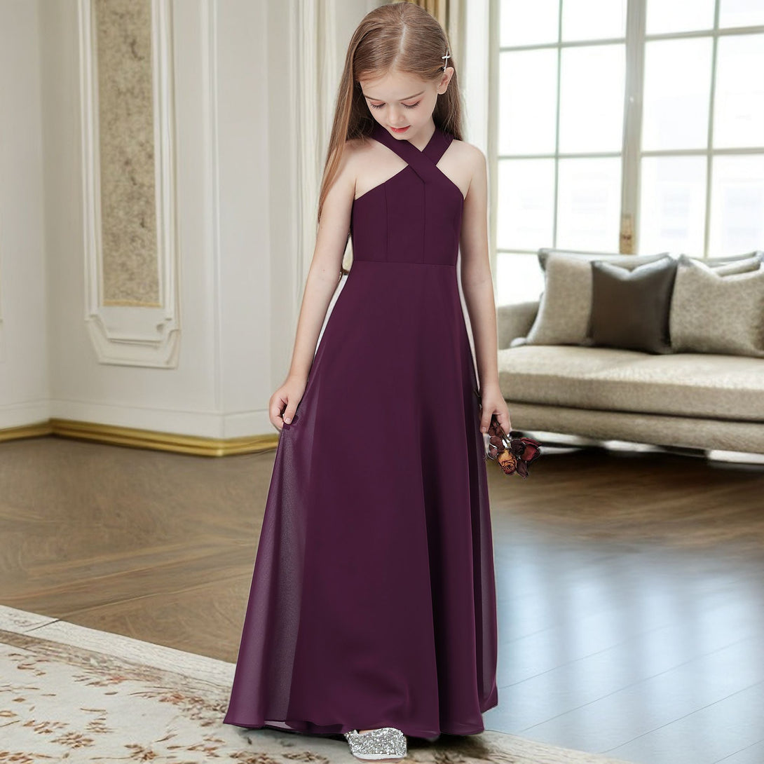 Halter Simple Chiffon Floor-Length Junior Bridesmaid Dress/Girls Birthday Dresses Gidiondress