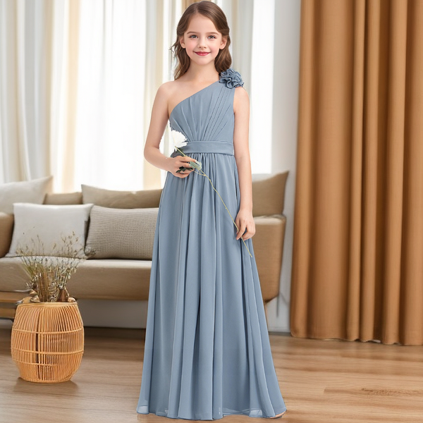 One-Shoulder Sleeveless Floor-Length Chiffon Junior Bridesmaid Dress/Girls Birthday Dresses With Pleated/Belt/3D Flower Girls Gidiondress