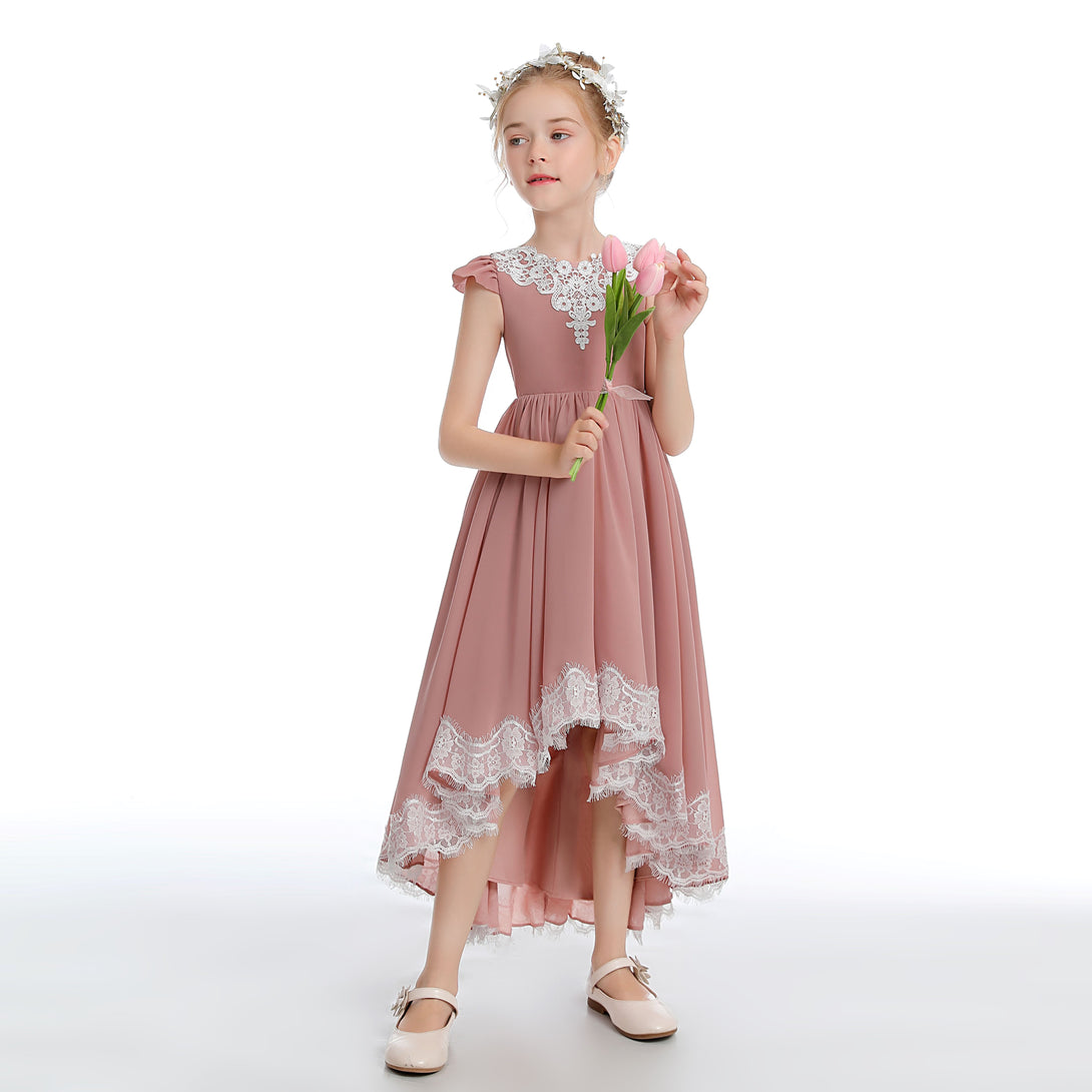 Asymmetrical Cap Sleeve Scoop Neck Cute Ankel-Length Lace/Chiffon Junior Bridesmaid Dress With Appliques Gidiondress
