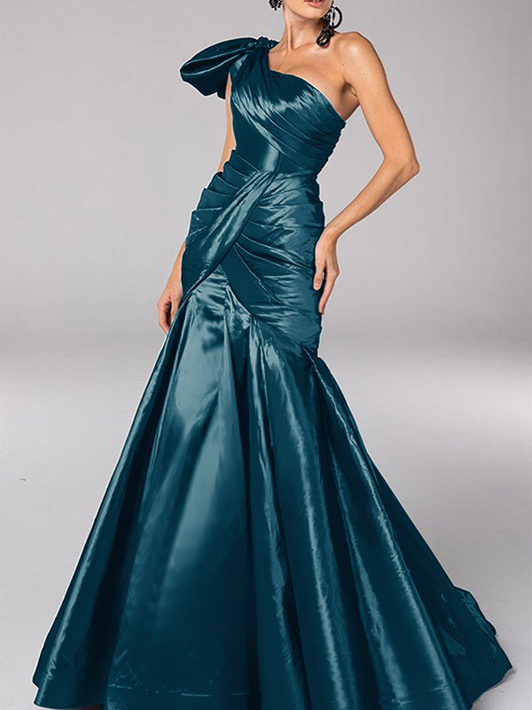 Mermaid/Trumpet One-Shoulder Sleeveless Sweep Train Satin Bow(s) Evening Dresses BabaMila