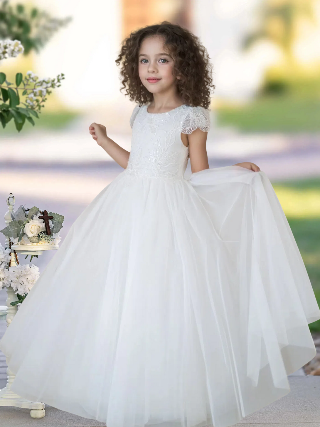 Flower Girl Dresses/Ball Gown Cap Sleeve Floor-Length Satin/Lace/Tulle First Communion Dresses Gidiondress