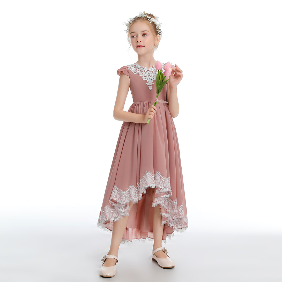 Asymmetrical Cap Sleeve Scoop Neck Cute Ankel-Length Lace/Chiffon Junior Bridesmaid Dress With Appliques Gidiondress