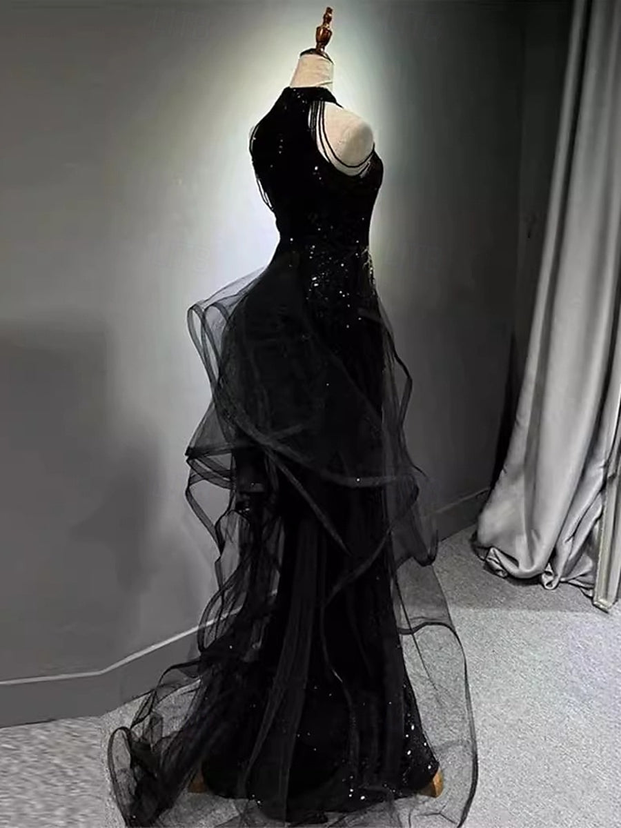 A-Line/Princess Halter Sleeveless Tulle/Sequins Black Gold Sweep Train Evening Dresses with Appliques/Beads BabaMila