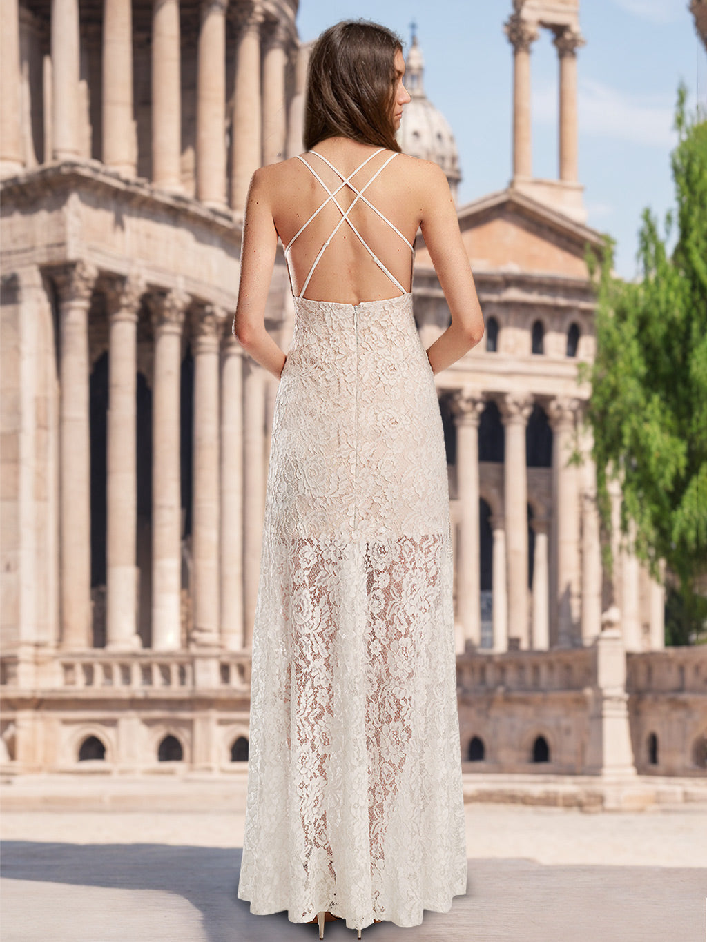 A-Line/Princess Spaghetti Straps V-Neck Sleeveless Floor-Length Wedding Dress with Lace Appliques BabaMila