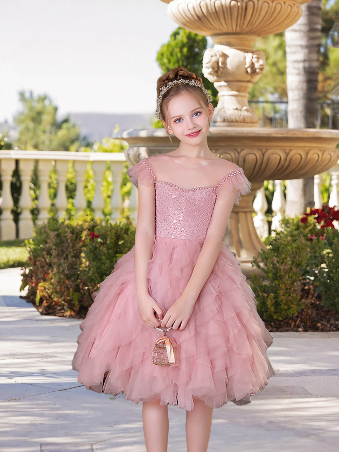 Boat Neck Flutter Straps Knee-Length Exquisite Sequins/Tulle Girl's Cake Dresses With Appliques/Beads Gidiondress