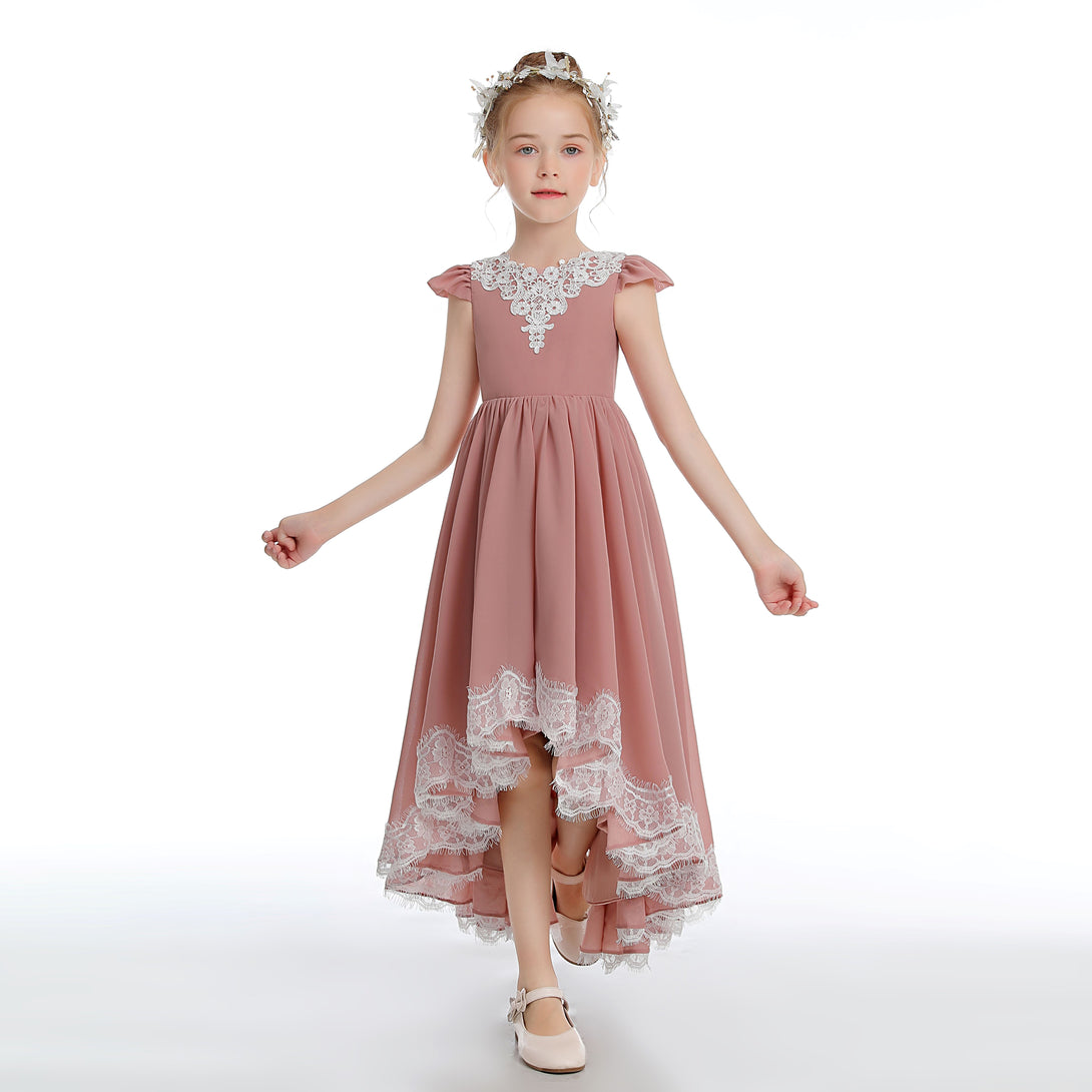 Asymmetrical Cap Sleeve Scoop Neck Cute Ankel-Length Lace/Chiffon Junior Bridesmaid Dress With Appliques Gidiondress