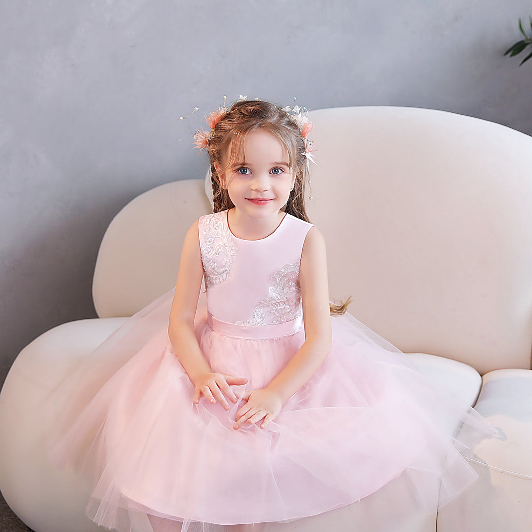 Ball Gown/Princess Scoop Neck Sleeveless Lace/Tulle/Satin Tea-Length Flower Girl Dresses/Party Dresses With Appliques/Belt Gidiondress