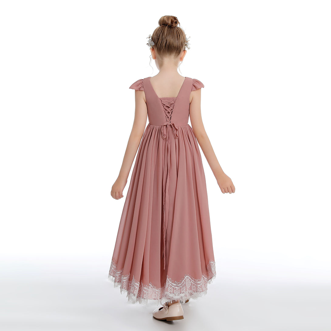Asymmetrical Cap Sleeve Scoop Neck Cute Ankel-Length Lace/Chiffon Junior Bridesmaid Dress With Appliques Gidiondress