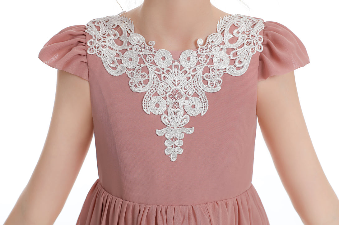 Asymmetrical Cap Sleeve Scoop Neck Cute Ankel-Length Lace/Chiffon Junior Bridesmaid Dress With Appliques Gidiondress
