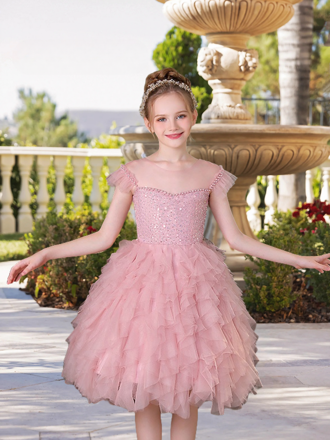 Boat Neck Flutter Straps Knee-Length Exquisite Sequins/Tulle Girl's Cake Dresses With Appliques/Beads Gidiondress
