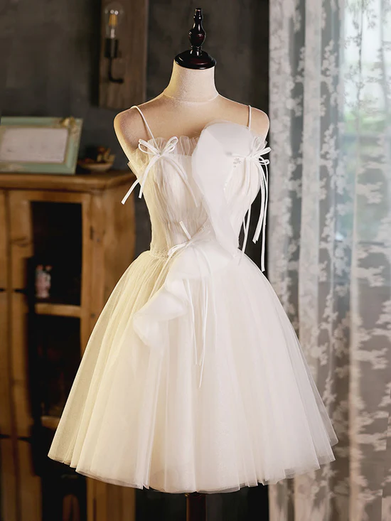 A-Line Beige Tulle Short Prom Dress, Beige Cute Homecoming Dress Homecoming Dress BabaMila