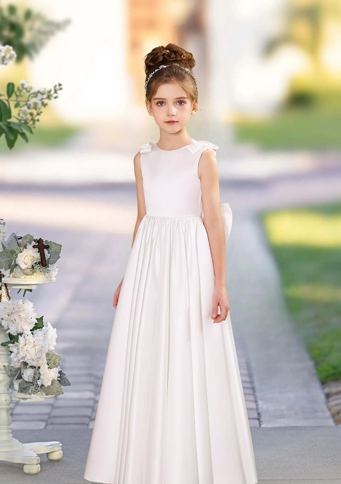 A-Line Scoop Neck Sleeveless Floor-Length Satin Flower Girl Dresses With Bow Girls Gidiondress