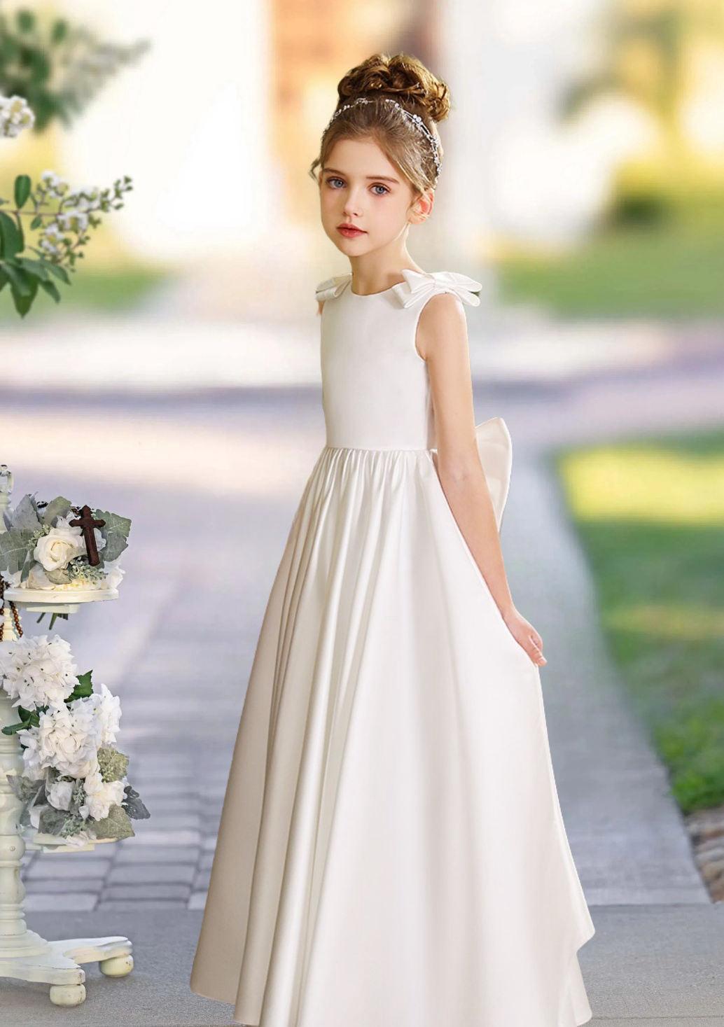 A-Line Scoop Neck Sleeveless Floor-Length Satin Flower Girl Dresses With Bow Girls Gidiondress