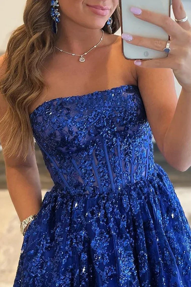 A-line Sequined Lace Long Prom Dress with Pockets BabaMila