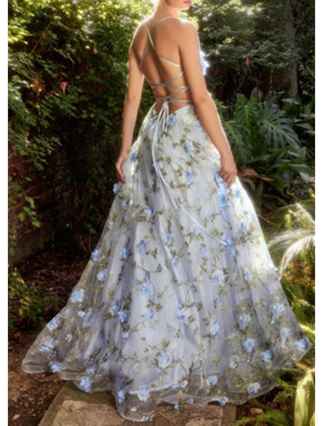 A-Line/Princess Spaghetti Straps Sleeveless Long Prom Dresses With Flowers BabaMila