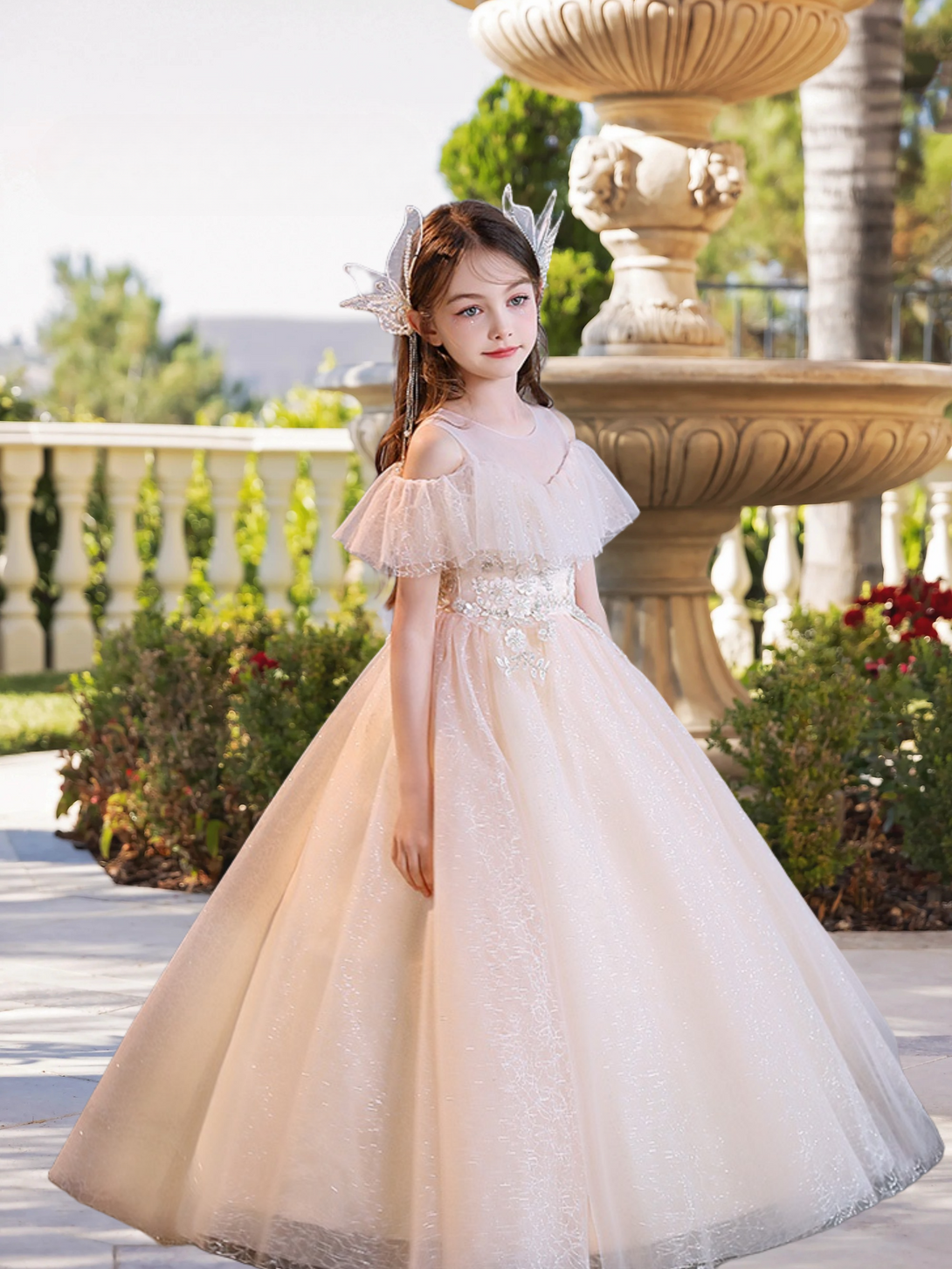 Cold Shoulder Cape Floor-Length Elegant Printed Tulle Girls Birthday Dresses With Appliques Gidiondress