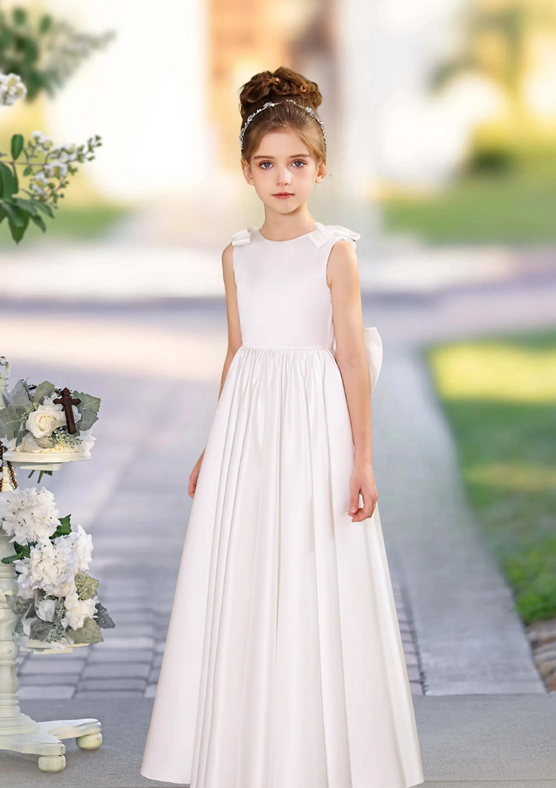 A-Line Scoop Neck Sleeveless Floor-Length Satin Flower Girl Dresses With Bow Girls Gidiondress