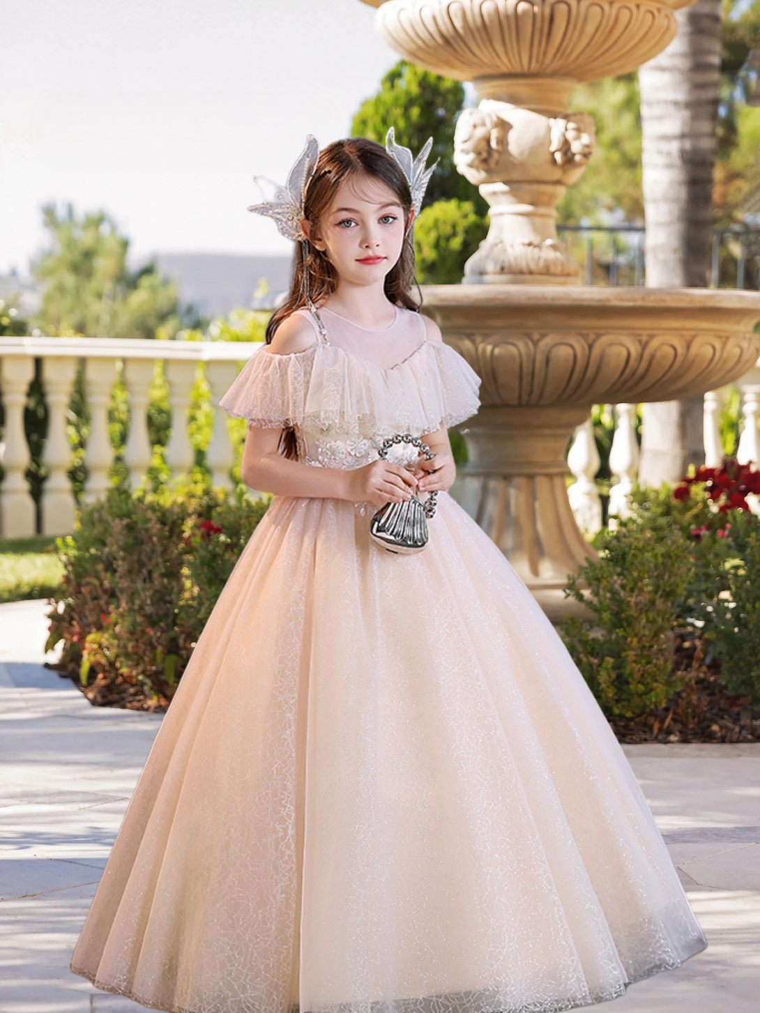 Cold Shoulder Cape Floor-Length Elegant Printed Tulle Girls Birthday Dresses With Appliques Gidiondress