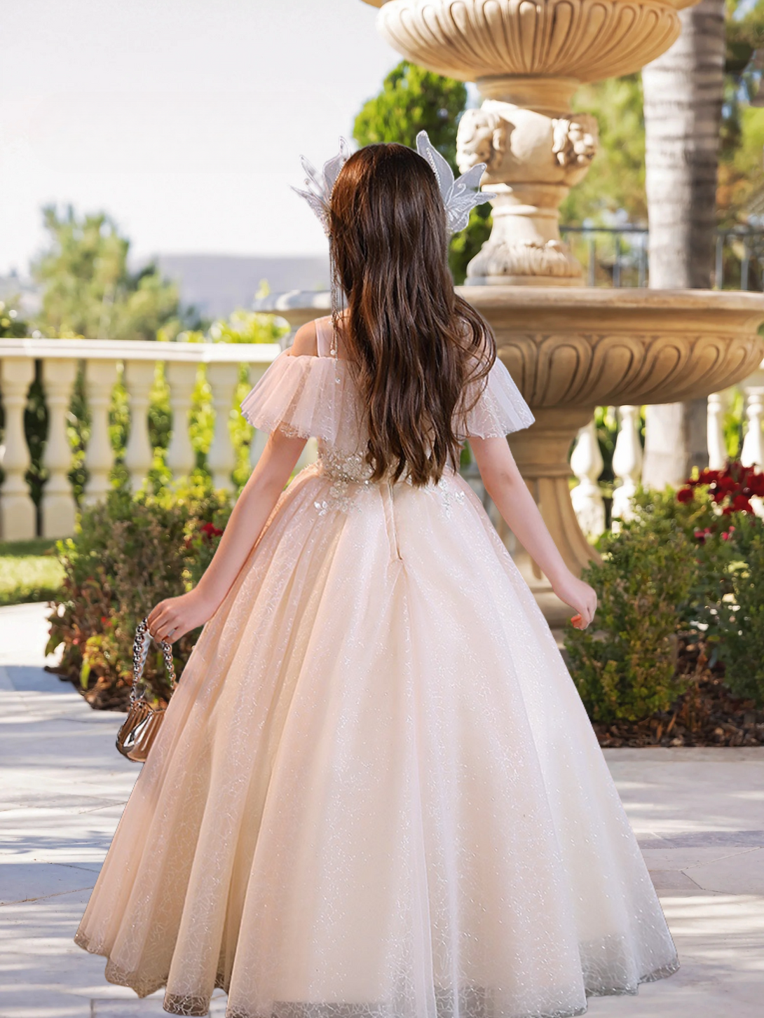 Cold Shoulder Cape Floor-Length Elegant Printed Tulle Girls Birthday Dresses With Appliques Gidiondress