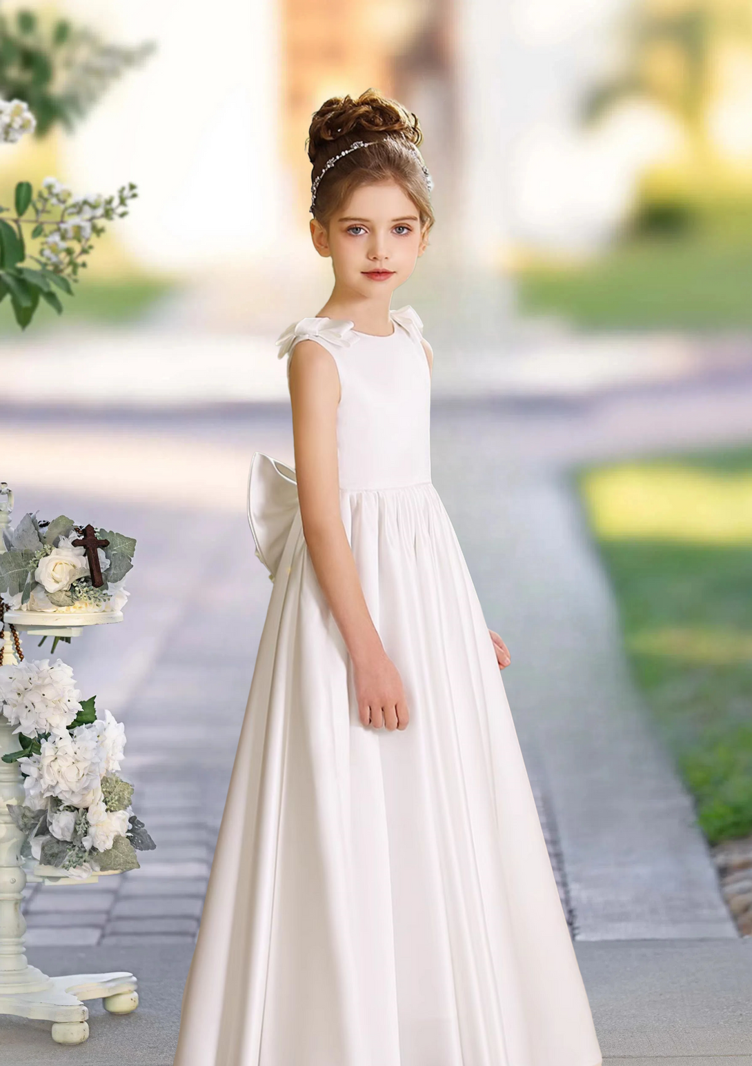 A-Line Scoop Neck Sleeveless Floor-Length Satin Flower Girl Dresses With Bow Girls Gidiondress Ivory 12M