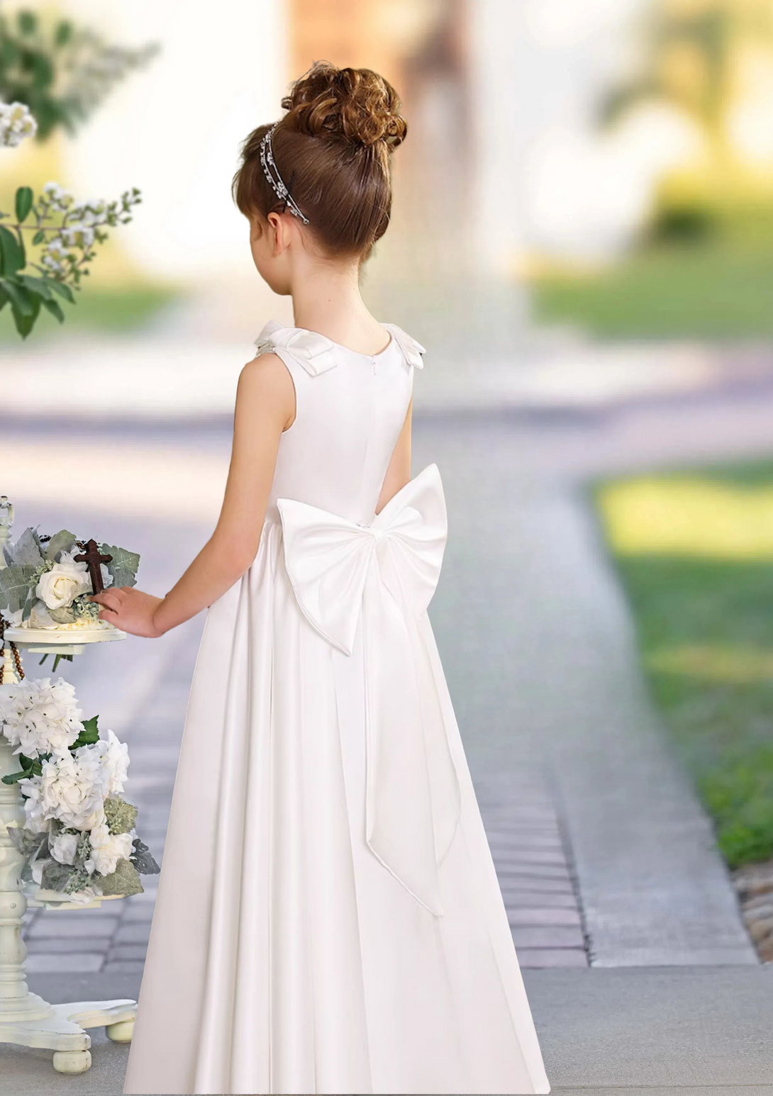 A-Line Scoop Neck Sleeveless Floor-Length Satin Flower Girl Dresses With Bow Girls Gidiondress