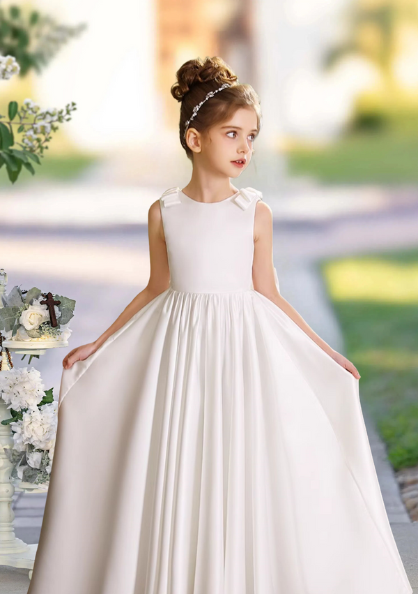 A-Line Scoop Neck Sleeveless Floor-Length Satin Flower Girl Dresses With Bow Girls Gidiondress