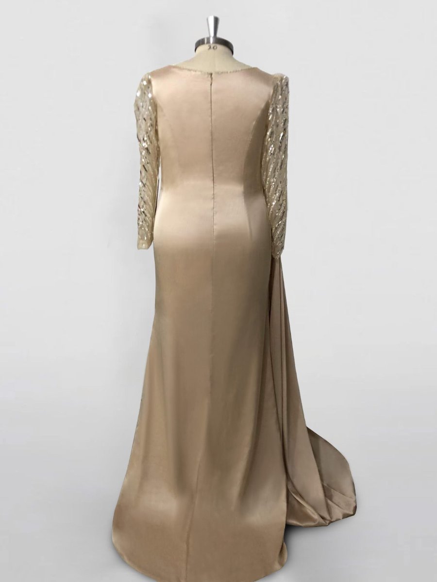 Mermaid/Trumpet Sweep/Brush Train Long Sleeve Jewel Neck Prom Dress Satin With Ruched Slit BabaMila