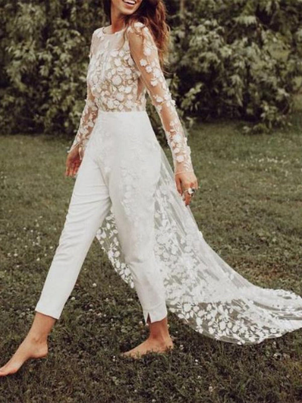 Long Sleeves Scoop Wedding Pant Suit Styles with Flower BabaMila