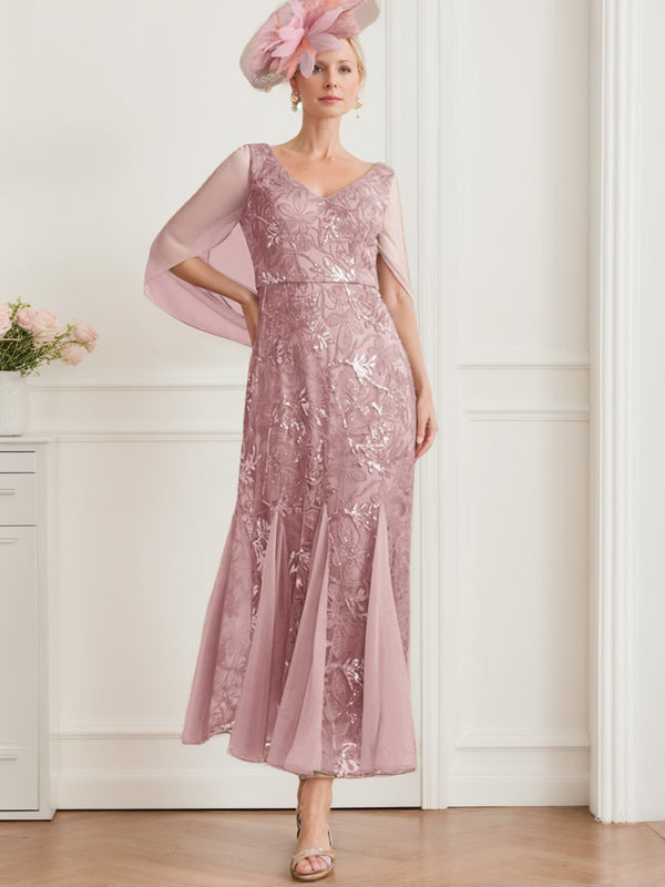 A-Line/Princess V-Neck Half Sleeves Ankle-Length Mother Of The Bride Dresses With Solid Color & Lace BabaMila