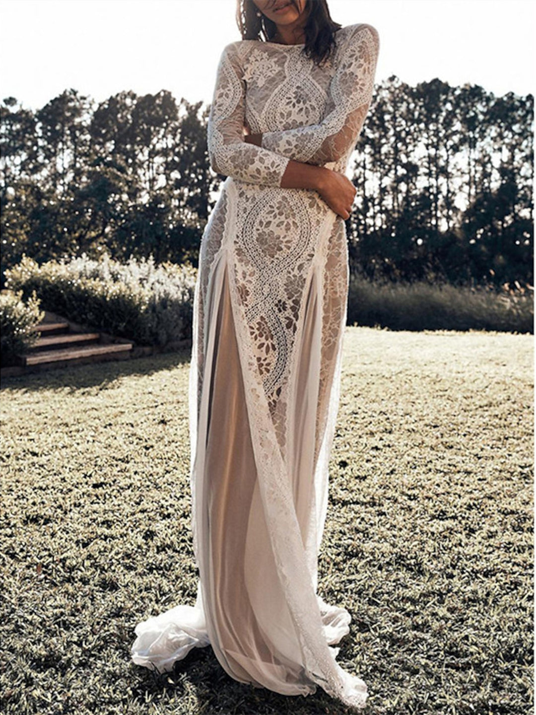 Sheath/Column Beach Wedding Dress Scoop Neck 3/4 Length Sleeves with Appliques BabaMila