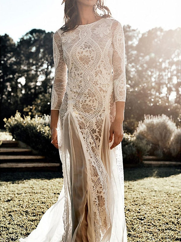 Sheath/Column Beach Wedding Dress Scoop Neck 3/4 Length Sleeves with Appliques BabaMila