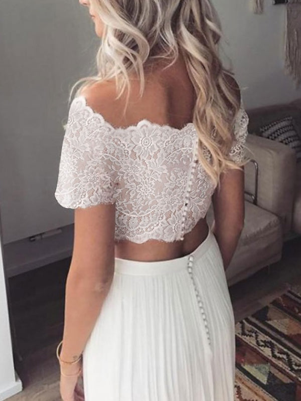 A-Line/Princess Beach Wedding Dress Off-the-Shoulder Short Sleeves with Pleats BabaMila
