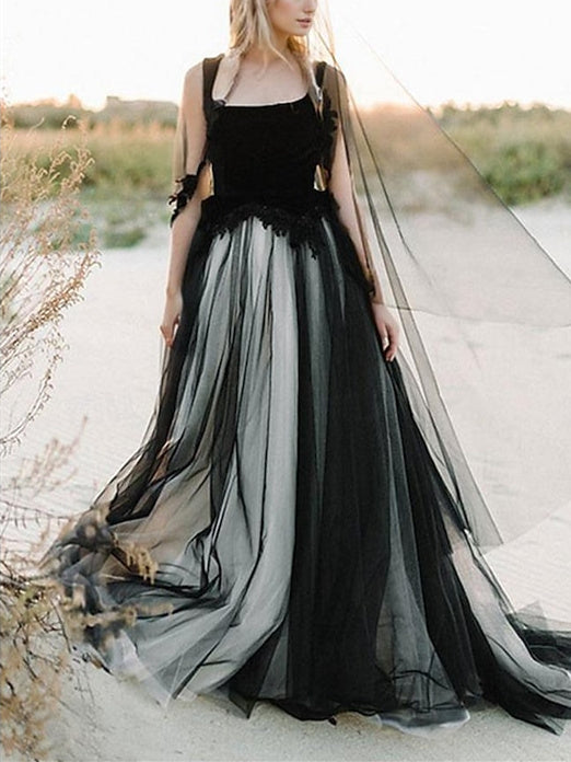 A-Line/Princess Beach Wedding Dress Square Neck Spaghetti Strap Sleeveless with Appliques BabaMila