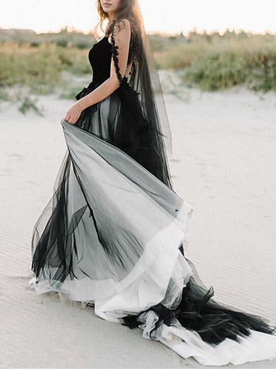 A-Line/Princess Beach Wedding Dress Square Neck Spaghetti Strap Sleeveless with Appliques BabaMila