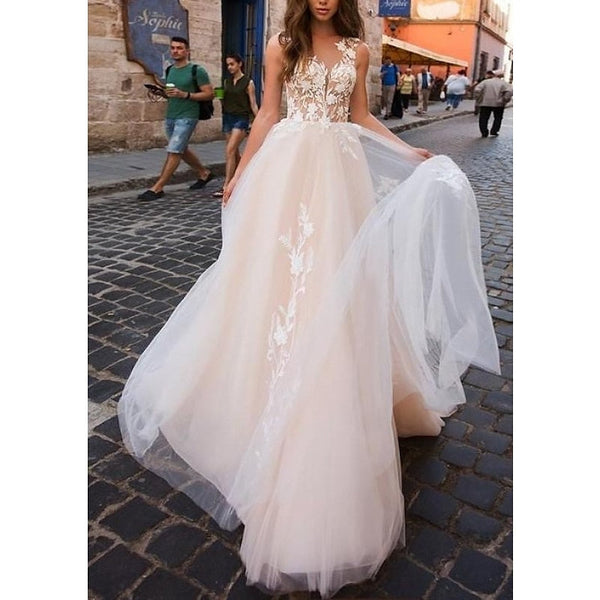 A-Line/Princess Champagne Beach Wedding Dress V Neck Sleeveless with Appliques BabaMila