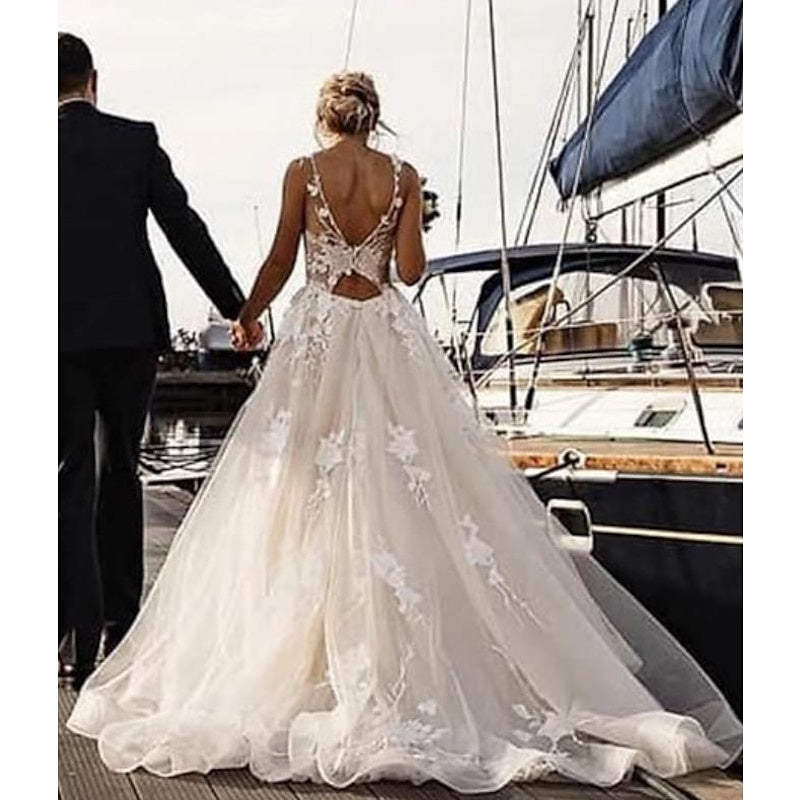 A-Line/Princess Champagne Beach Wedding Dress V Neck Sleeveless with Appliques BabaMila