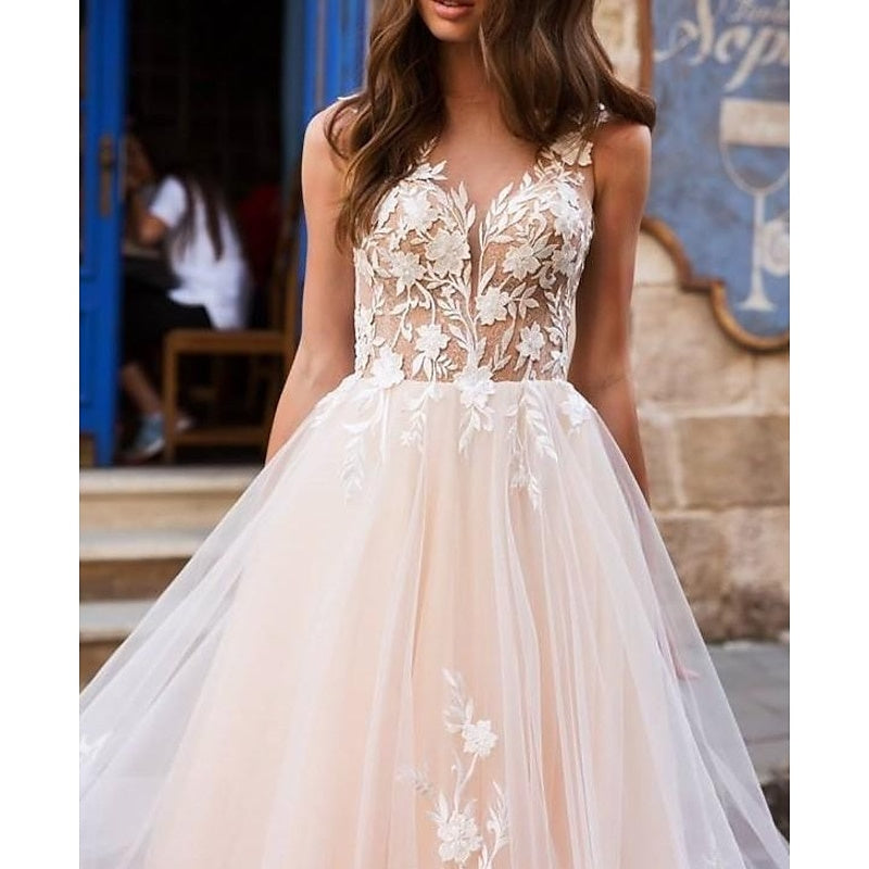 A-Line/Princess Champagne Beach Wedding Dress V Neck Sleeveless with Appliques BabaMila