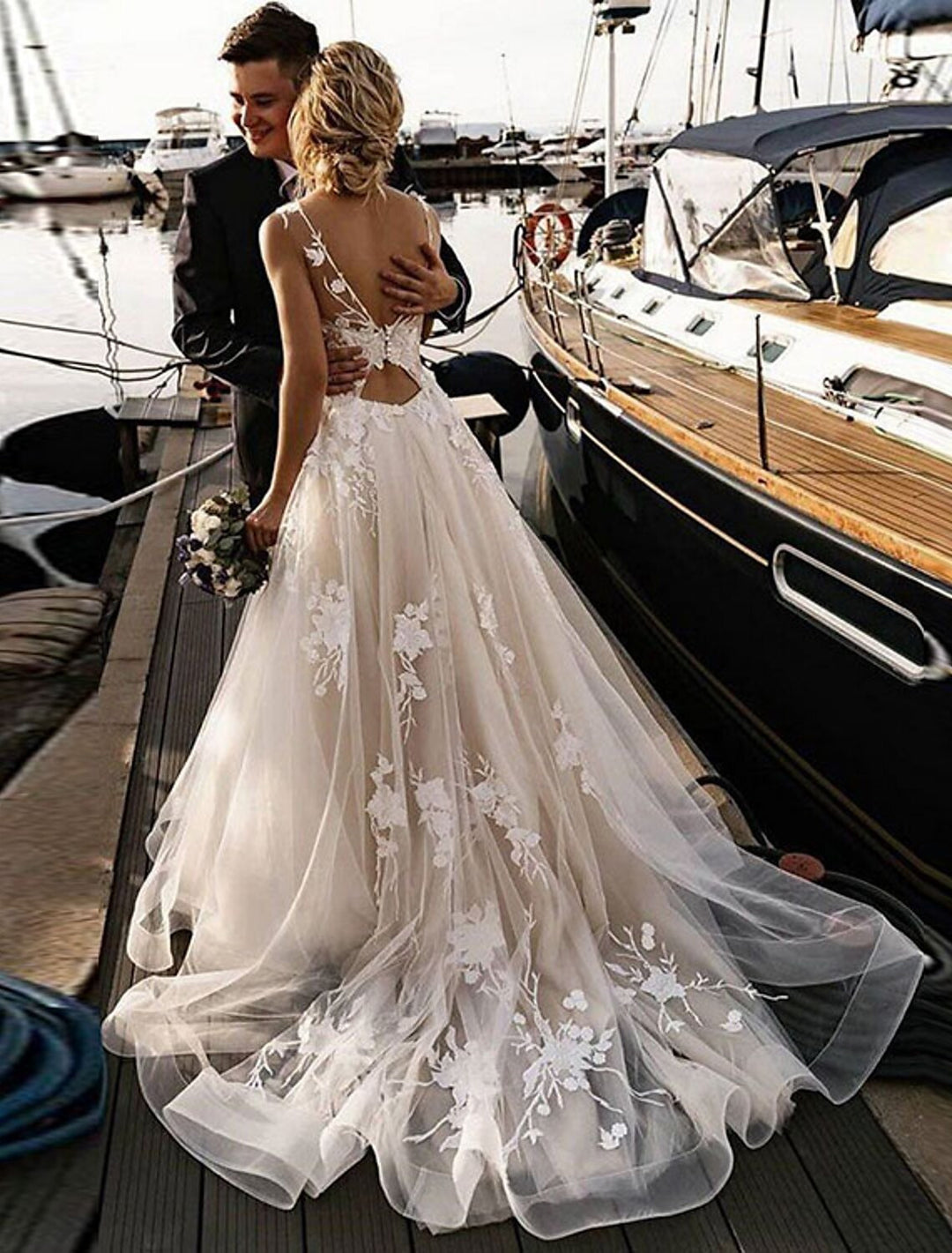 A-Line/Princess Champagne Beach Wedding Dress V Neck Sleeveless with Appliques BabaMila
