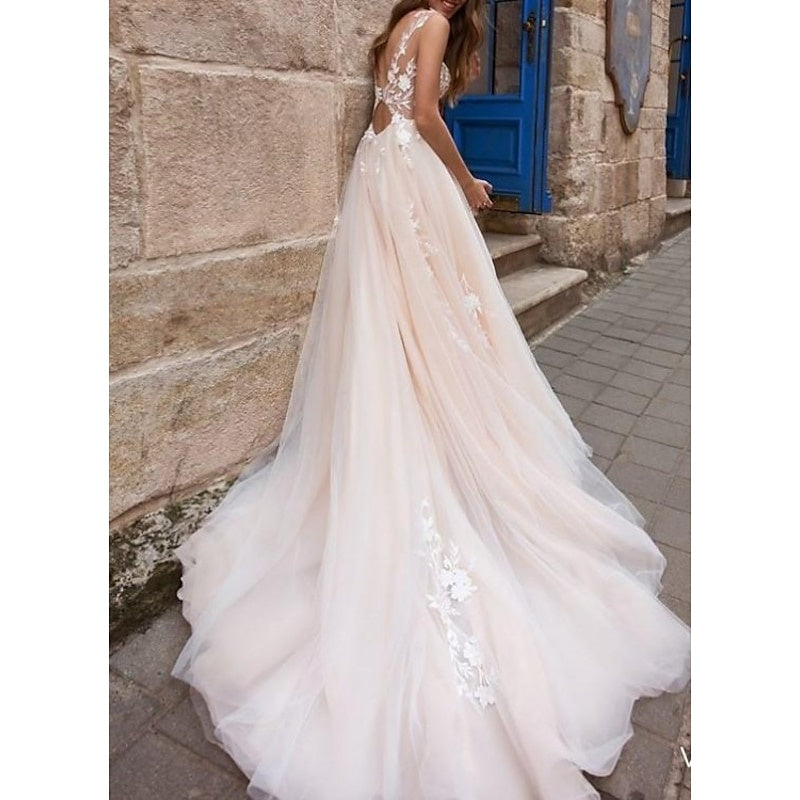 A-Line/Princess Champagne Beach Wedding Dress V Neck Sleeveless with Appliques BabaMila